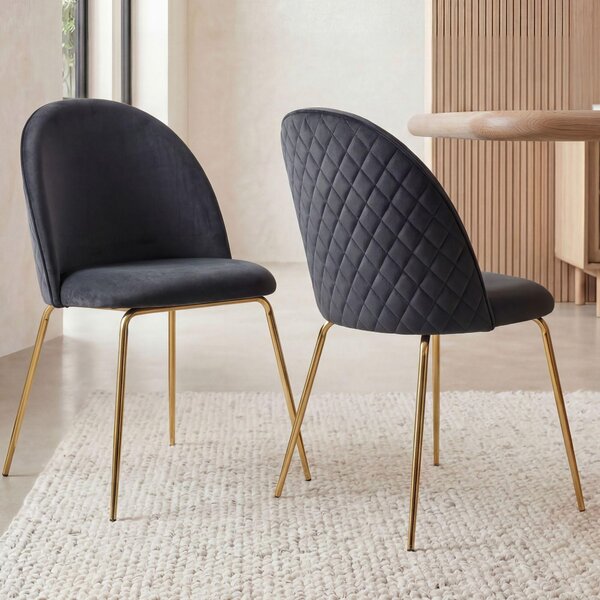 FineBuy Design – jídelní židle, černý samet, sada 2 ks s prošíváním, moderní kuchyňská židle, jídelní židle se zlatými nohami, pohodlné čalouněné kuchyňské židle