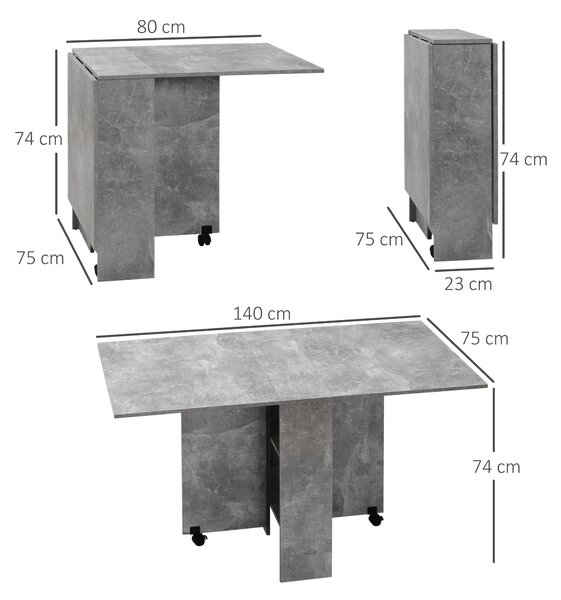 HOMCOM Skládací jídelní stůl s kolečky, skládací křídla a police pro 4-6 osob 75x140x74 cm šedý cement | Aosom
