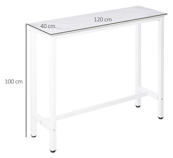 HOMCOM Barový Stůl Vysoký Stůl s Melaminovou Deskou v Mramorovém Efektu a Ocelovými Nohy Moderní Styl pro Kuchyň, Kavárnu a Jídelnu 120x40x100 cm Bílá