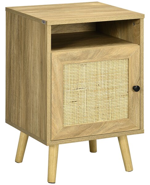 HOMCOM Noční stolek s ratanovými dveřmi a otevřeným oddílem, stabilní boční stolek do ložnice či obývacího pokoje 39x35x60 cm v přírodním provedení |