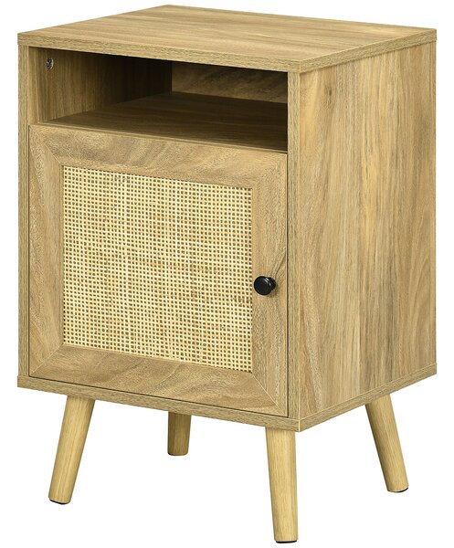 HOMCOM Noční stolek s ratanovými dveřmi a otevřeným oddílem, stabilní boční stolek do ložnice či obývacího pokoje 39x35x60 cm v přírodním provedení |