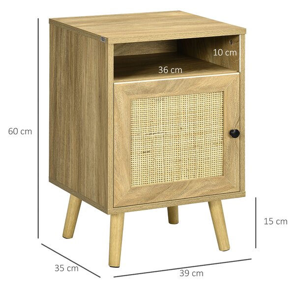 HOMCOM Noční stolek s ratanovými dveřmi a otevřeným oddílem, stabilní boční stolek do ložnice či obývacího pokoje 39x35x60 cm v přírodním provedení |