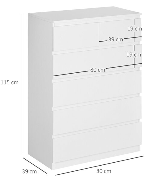 HOMCOM Moderní Komoda se 6 Šuplíky Dřevěná Komoda do Ložnice pro Předsíň Obývací Pokoj Kancelář Nosnost 50 kg 80x39x115 cm Bílá | Aosom