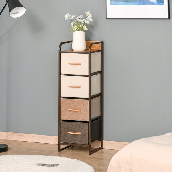 HOMCOM Textilní Komoda do Ložnice se 4 Skládacími Zásuvkami, Dřevěným Víkem a Kovovým Rámem pro Obývací Pokoj 31x29x99 cm, Vícebarevná | Aosom