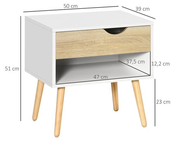 HOMCOM Sada 2 nočních stolků s šuplíkem a úložnou policí pro ložnici, obývací pokoj, postel, kancelář, moderní styl 50x39x51 cm Bílá a dub | Aosom