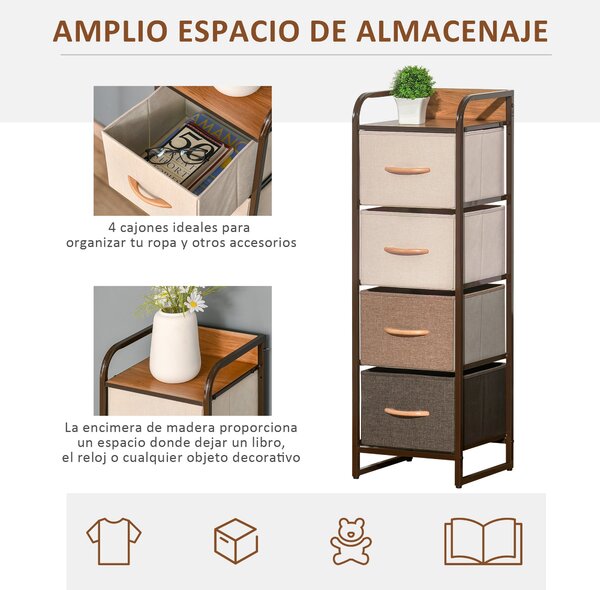 HOMCOM Textilní Komoda do Ložnice se 4 Skládacími Zásuvkami, Dřevěným Víkem a Kovovým Rámem pro Obývací Pokoj 31x29x99 cm, Vícebarevná | Aosom