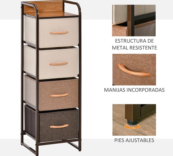 HOMCOM Textilní Komoda do Ložnice se 4 Skládacími Zásuvkami, Dřevěným Víkem a Kovovým Rámem pro Obývací Pokoj 31x29x99 cm, Vícebarevná | Aosom