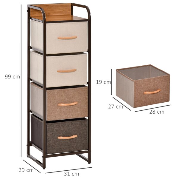 HOMCOM Textilní Komoda do Ložnice se 4 Skládacími Zásuvkami, Dřevěným Víkem a Kovovým Rámem pro Obývací Pokoj 31x29x99 cm, Vícebarevná | Aosom