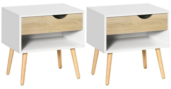 HOMCOM Sada 2 nočních stolků s šuplíkem a úložnou policí pro ložnici, obývací pokoj, postel, kancelář, moderní styl 50x39x51 cm Bílá a dub | Aosom