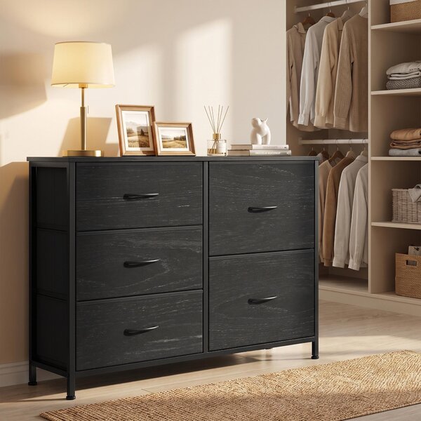 SONGMICS Komoda se 5 zásuvkami, komoda se kovovou konstrukcí, rozměry 98,7 x 30 x 74,7 cm, černá barva