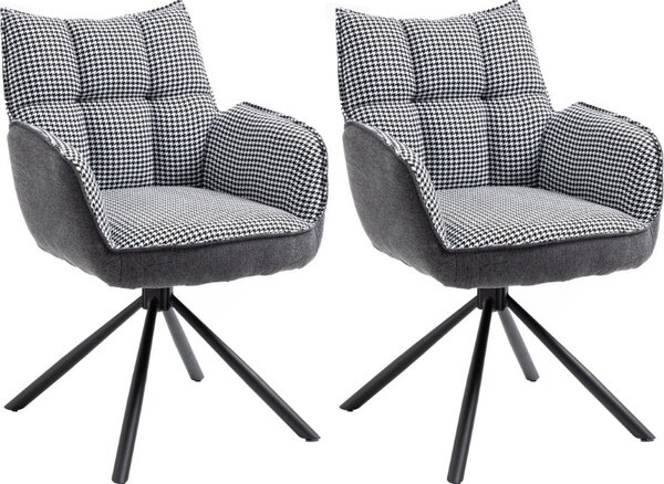 CasaDolce, sada 2 jídelních židlí OGNIR, textil, bílá černá + tmavě šedá, černý kovový rám, s područkami