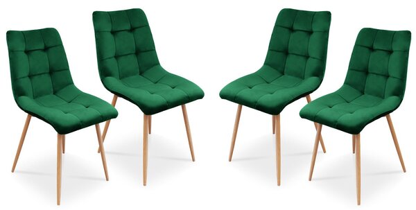 Bettso 4 x Židle do jídelny Sada 4 židlí do jídelny Židle do kuchyně Čalouněná židle Designová židle s opěradlem, se sametovým sedákem, kovový rám - BEN Tmavě zelená / Dubová noha