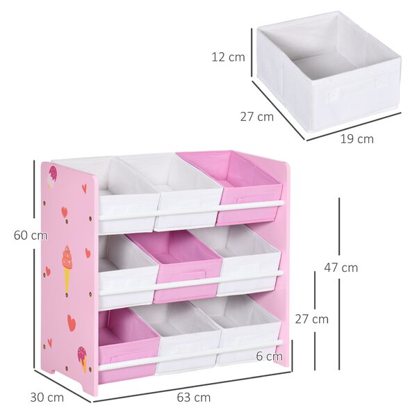 Knihařská skříň ZONEKIZ pro děti s 9 odnímatelnými košíky z netkané textilie, organizér na hračky pro dětský pokoj a školku 63x30x60 cm Růžová | Aosom