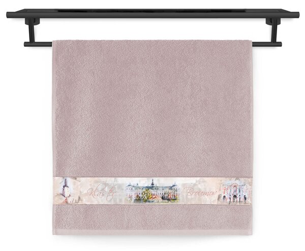 Ručník Veba NORA tisk město Broumov klášter akvarel starorůžová Velikost: 50x100 cm