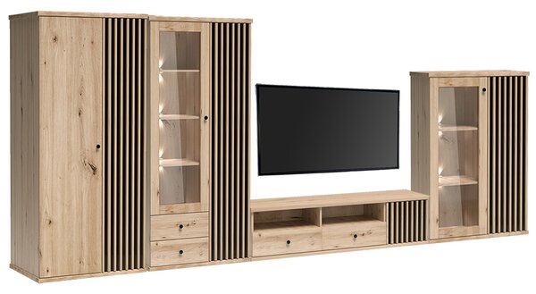 Obývací stěna se skříní CALI | 4 díly + ČERNÉ NOHY | 420 cm | sestava D | artisan