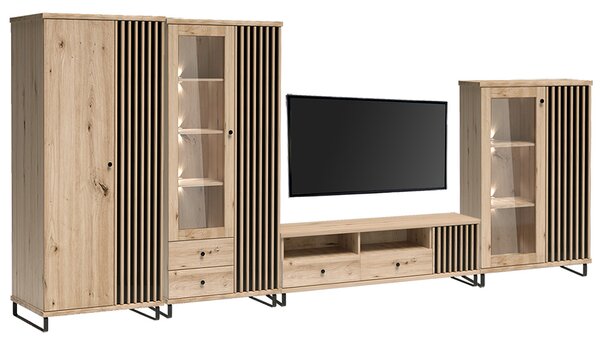 Obývací stěna se skříní CALI | 4 díly + ČERNÉ NOHY | 420 cm | sestava D | artisan
