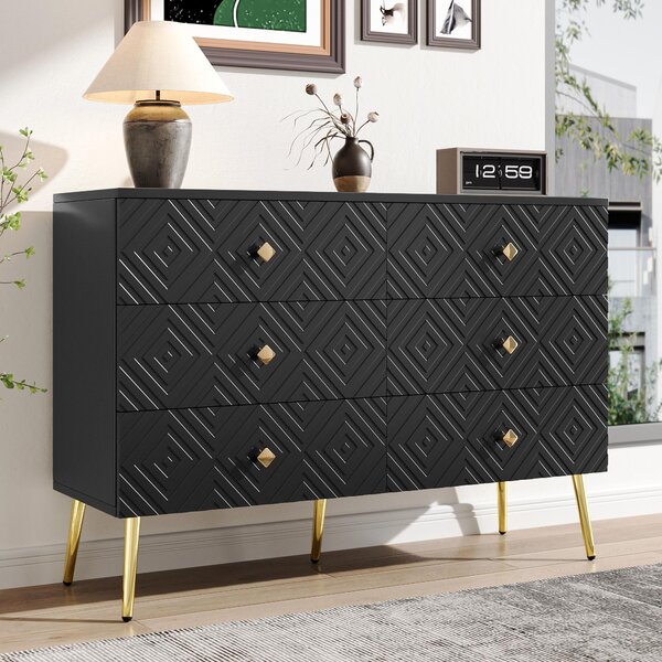 Fortuna Lai Moderní komoda se 6 zásuvkami – 120 x 40 x 80 cm – Elegantní černá barva se zlatými detaily – Kovové nohy pro větší stabilitu – Ideální do ložnice i obývacího pokoje