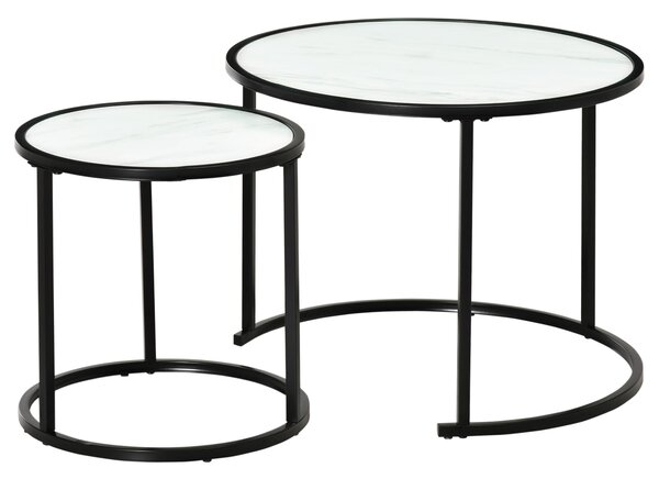 HOMCOM Sada 2 Stohovatelných Kulatých Konferenčních Stolků s Faux Mramorovou Deskou a Ocelovým Rámem Ø60x46 cm a Ø40x40 cm Bílá | Aosom