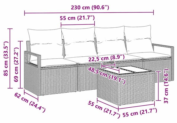 Set pohovek 5 ks 4-Počet míst Šedá polyratan 3346249