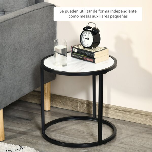 HOMCOM Sada 2 Stohovatelných Kulatých Konferenčních Stolků s Faux Mramorovou Deskou a Ocelovým Rámem Ø60x46 cm a Ø40x40 cm Bílá | Aosom