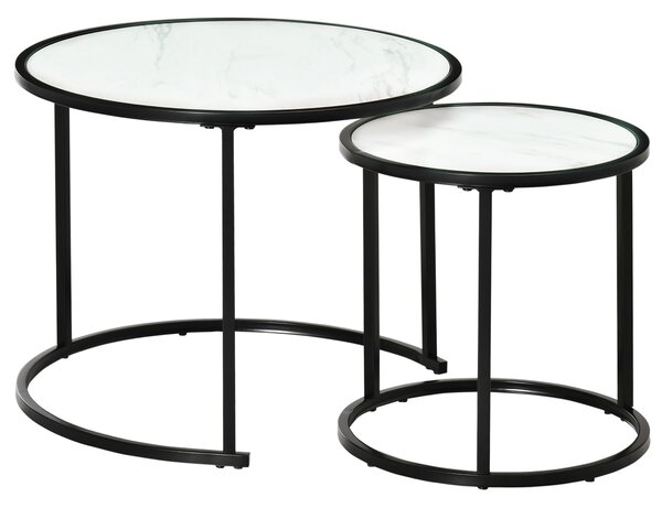 HOMCOM Sada 2 Stohovatelných Kulatých Konferenčních Stolků s Faux Mramorovou Deskou a Ocelovým Rámem Ø60x46 cm a Ø40x40 cm Bílá | Aosom