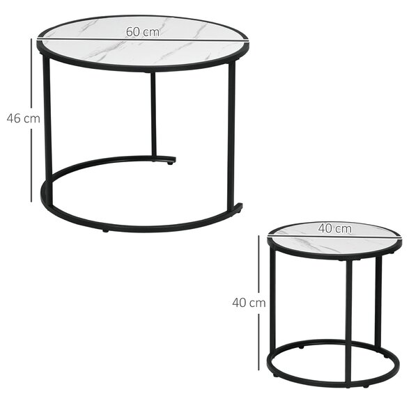 HOMCOM Sada 2 Stohovatelných Kulatých Konferenčních Stolků s Faux Mramorovou Deskou a Ocelovým Rámem Ø60x46 cm a Ø40x40 cm Bílá | Aosom