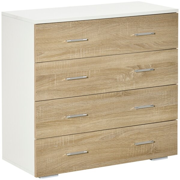 HOMCOM Komoda se 4 šuplíky - Moderní pomocný úložný kabinet do ložnice, chodby nebo obývacího pokoje, 76x35x72 cm, dub a bílá | Aosom