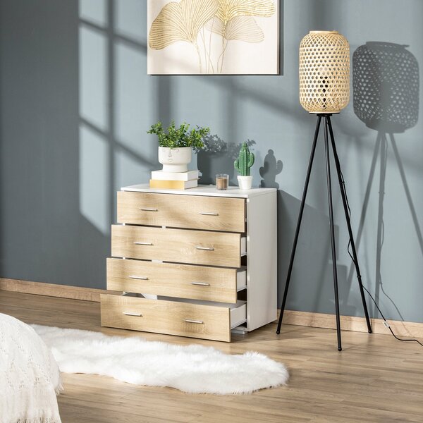 HOMCOM Komoda se 4 šuplíky - Moderní pomocný úložný kabinet do ložnice, chodby nebo obývacího pokoje, 76x35x72 cm, dub a bílá | Aosom