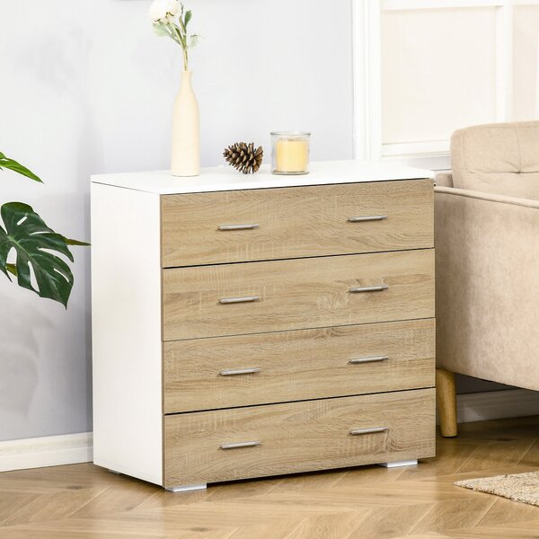 HOMCOM Komoda se 4 šuplíky - Moderní pomocný úložný kabinet do ložnice, chodby nebo obývacího pokoje, 76x35x72 cm, dub a bílá | Aosom