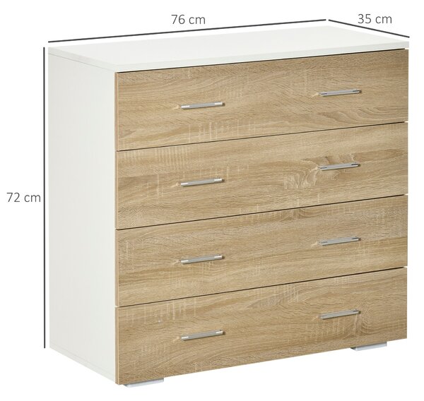 HOMCOM Komoda se 4 šuplíky - Moderní pomocný úložný kabinet do ložnice, chodby nebo obývacího pokoje, 76x35x72 cm, dub a bílá | Aosom