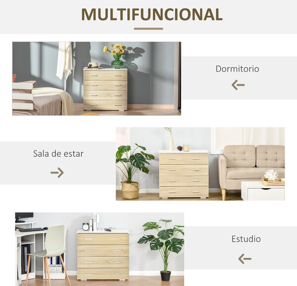 HOMCOM Komoda se 4 šuplíky - Moderní pomocný úložný kabinet do ložnice, chodby nebo obývacího pokoje, 76x35x72 cm, dub a bílá | Aosom