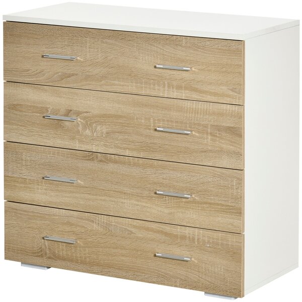 HOMCOM Komoda se 4 šuplíky - Moderní pomocný úložný kabinet do ložnice, chodby nebo obývacího pokoje, 76x35x72 cm, dub a bílá | Aosom