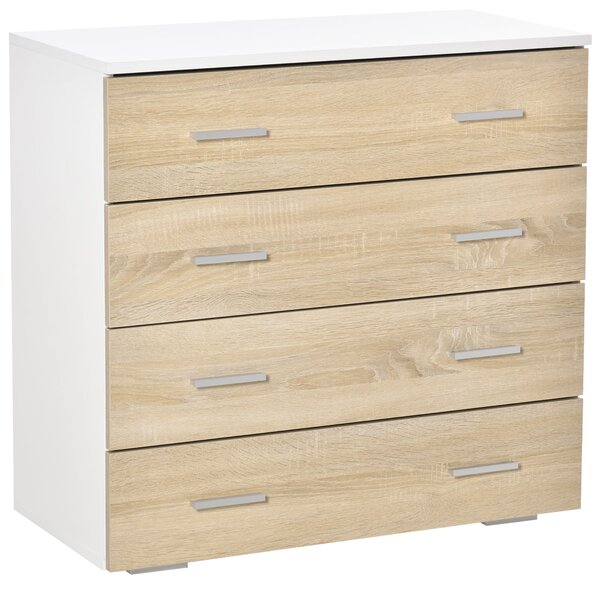 HOMCOM Komoda se 4 šuplíky - Moderní pomocný úložný kabinet do ložnice, chodby nebo obývacího pokoje, 76x35x72 cm, dub a bílá | Aosom