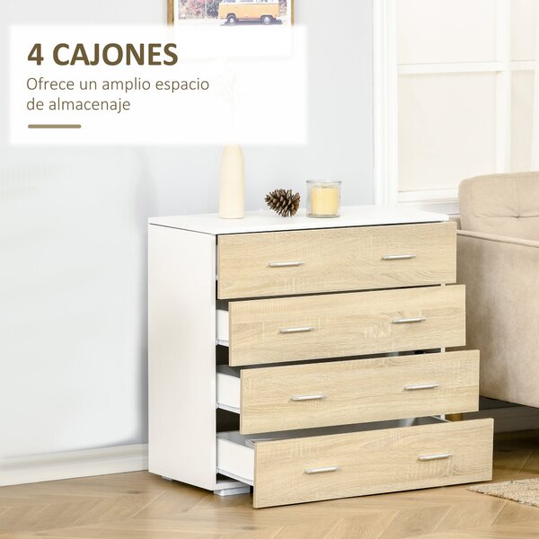 HOMCOM Komoda se 4 šuplíky - Moderní pomocný úložný kabinet do ložnice, chodby nebo obývacího pokoje, 76x35x72 cm, dub a bílá | Aosom