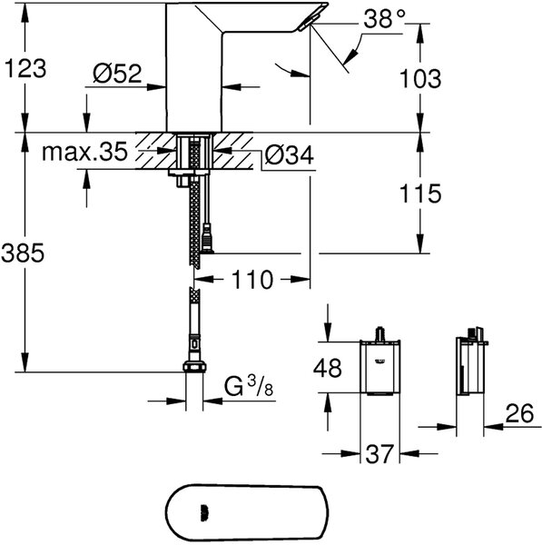 Grohe BauCosmopolitan umyvadlový ventil stojící elektronická StarLight Chrome 36452000