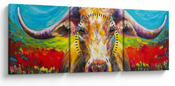 Obraz - Malovaná kráva (s hodinami) (90x30 cm)