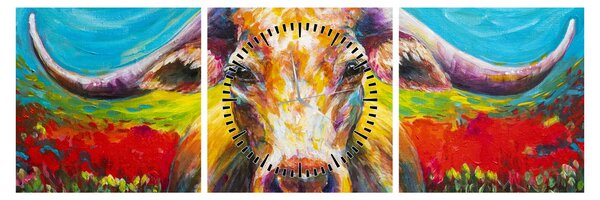 Obraz - Malovaná kráva (s hodinami) (90x30 cm)