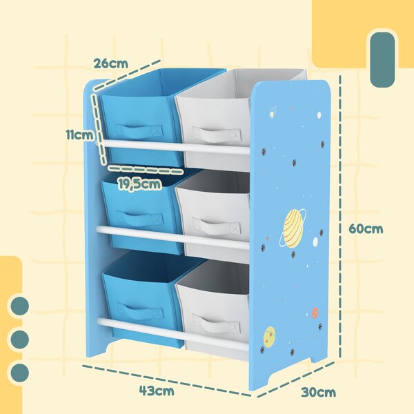 Dětská polička AIYAPLAY pro děti od 3 let s 6 odnímatelnými boxy z netkané textilie, organizer na hračky do dětského pokoje a školky 43x30x60 cm Modrá