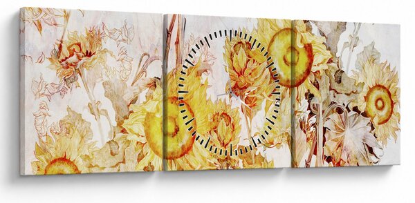 Obraz - Slunečnice, malba (s hodinami) (90x30 cm)