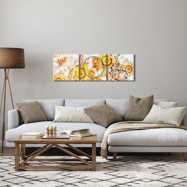 Obraz - Slunečnice, malba (s hodinami) (90x30 cm)