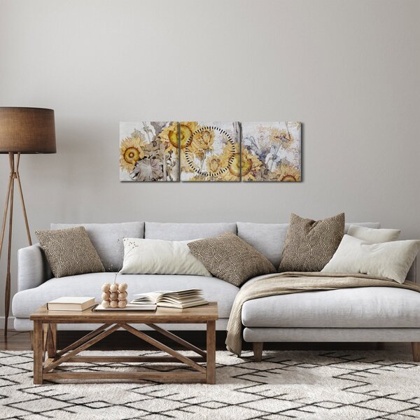 Obraz - Slunečnice ve zdi (s hodinami) (90x30 cm)