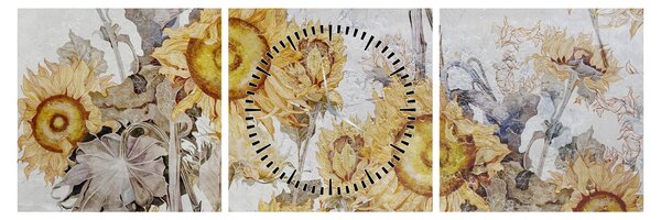 Obraz - Slunečnice ve zdi (s hodinami) (90x30 cm)