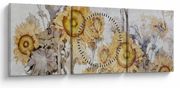 Obraz - Slunečnice ve zdi (s hodinami) (90x30 cm)