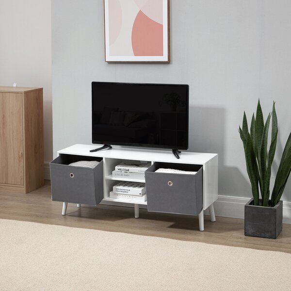 HOMCOM TV stolek pro televizory do 50 palců Moderní TV stolek se 2 látkovými zásuvkami 2 otevřenými policemi 110x29x46.5 cm Bílá a šedá | Aosom