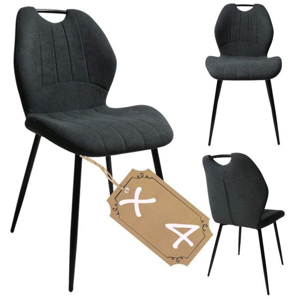 4 x sada černých čalouněných jídelních židlí, moderní, pohodlné, robustní, ergonomické, obývací pokoj, vysoký komfort sezení, stabilní kovové nohy