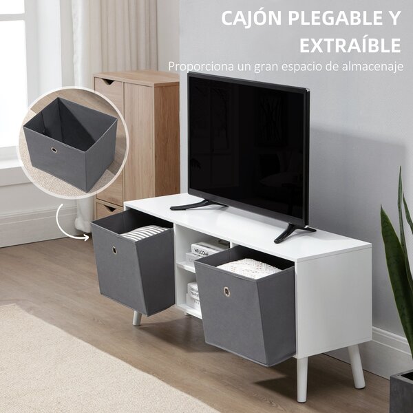 HOMCOM TV stolek pro televizory do 50 palců Moderní TV stolek se 2 látkovými zásuvkami 2 otevřenými policemi 110x29x46.5 cm Bílá a šedá | Aosom