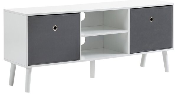 HOMCOM TV stolek pro televizory do 50 palců Moderní TV stolek se 2 látkovými zásuvkami 2 otevřenými policemi 110x29x46.5 cm Bílá a šedá | Aosom