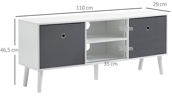 HOMCOM TV stolek pro televizory do 50 palců Moderní TV stolek se 2 látkovými zásuvkami 2 otevřenými policemi 110x29x46.5 cm Bílá a šedá | Aosom