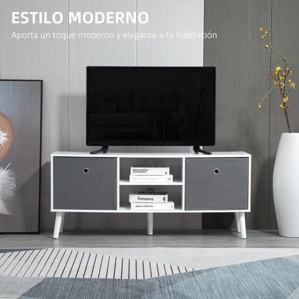 HOMCOM TV stolek pro televizory do 50 palců Moderní TV stolek se 2 látkovými zásuvkami 2 otevřenými policemi 110x29x46.5 cm Bílá a šedá | Aosom