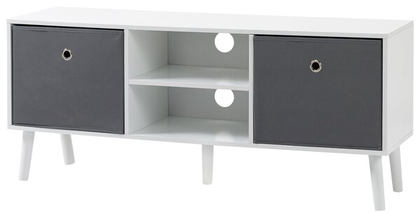HOMCOM TV stolek pro televizory do 50 palců Moderní TV stolek se 2 látkovými zásuvkami 2 otevřenými policemi 110x29x46.5 cm Bílá a šedá | Aosom